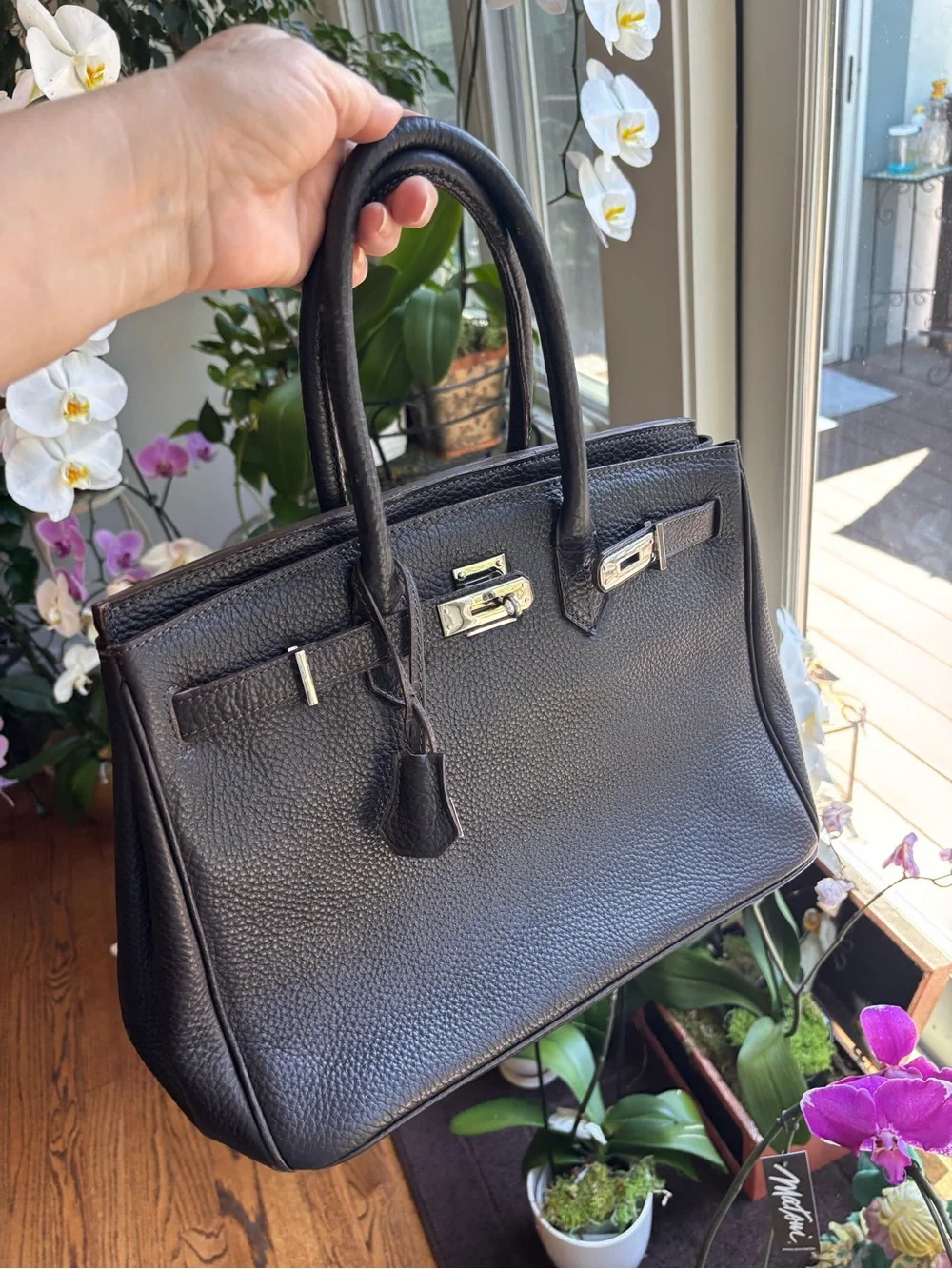 Dark brown  Pebbled Leather Top-Handle Satchel.